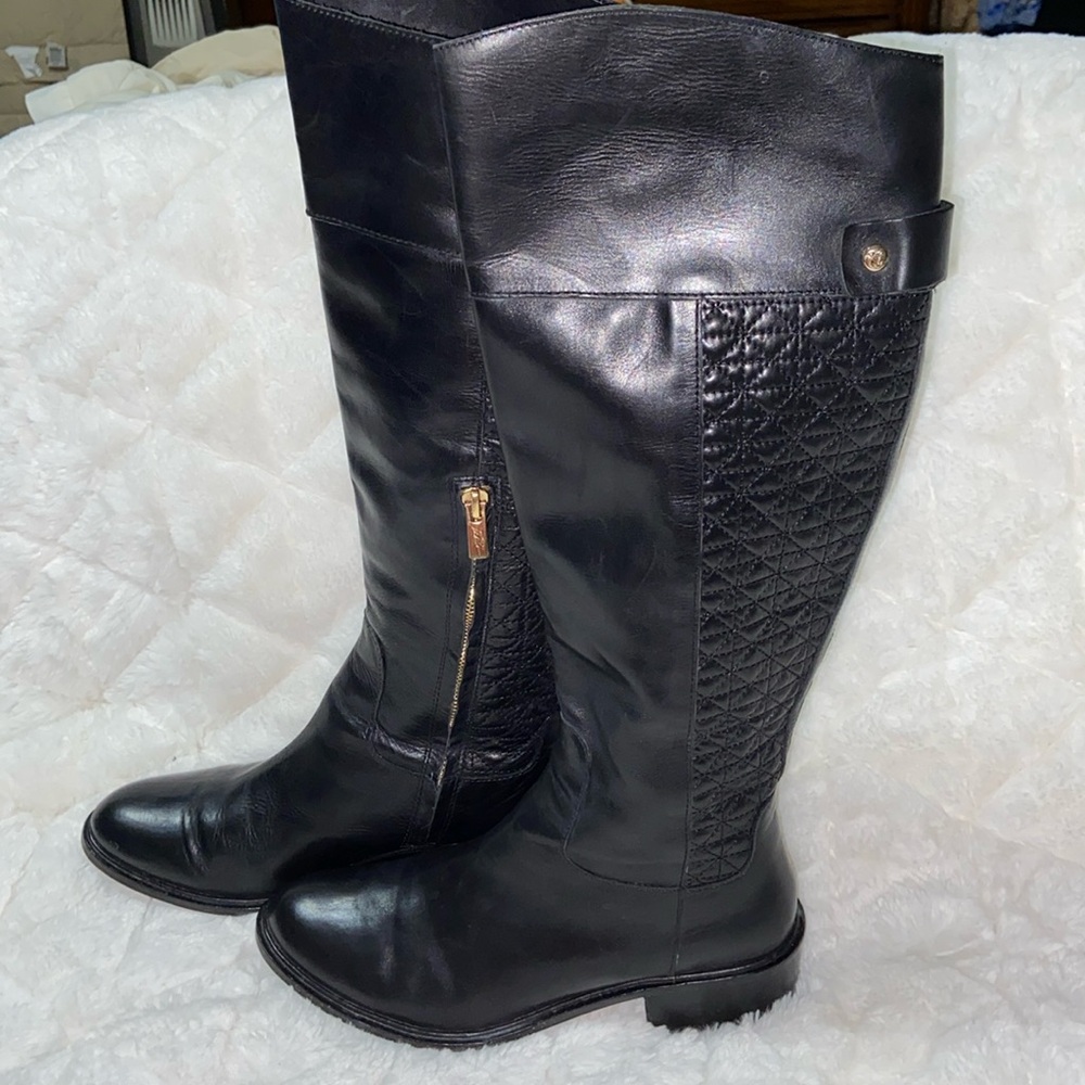 Vince Camuto black leather knee-high tall quilted block heeled boots